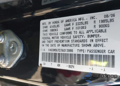 2007 Honda Accord 2.4 Ex из США, поврежденный, VIN 1HGCM56727A013986